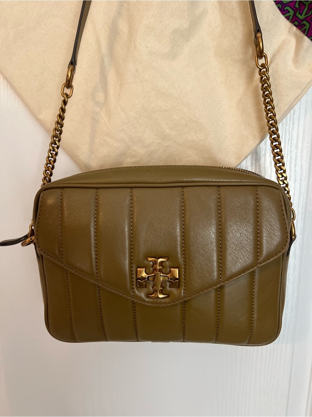 Tory Burch Kira Quilted Camera Bag in Olive Green with Gold Hardware